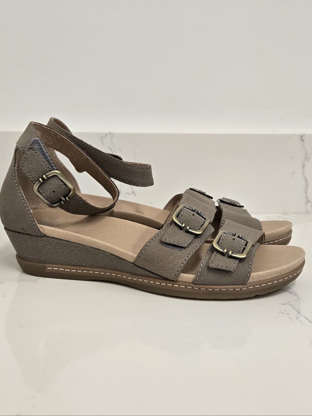Dansko Taupe Buckle Wedge Sandals